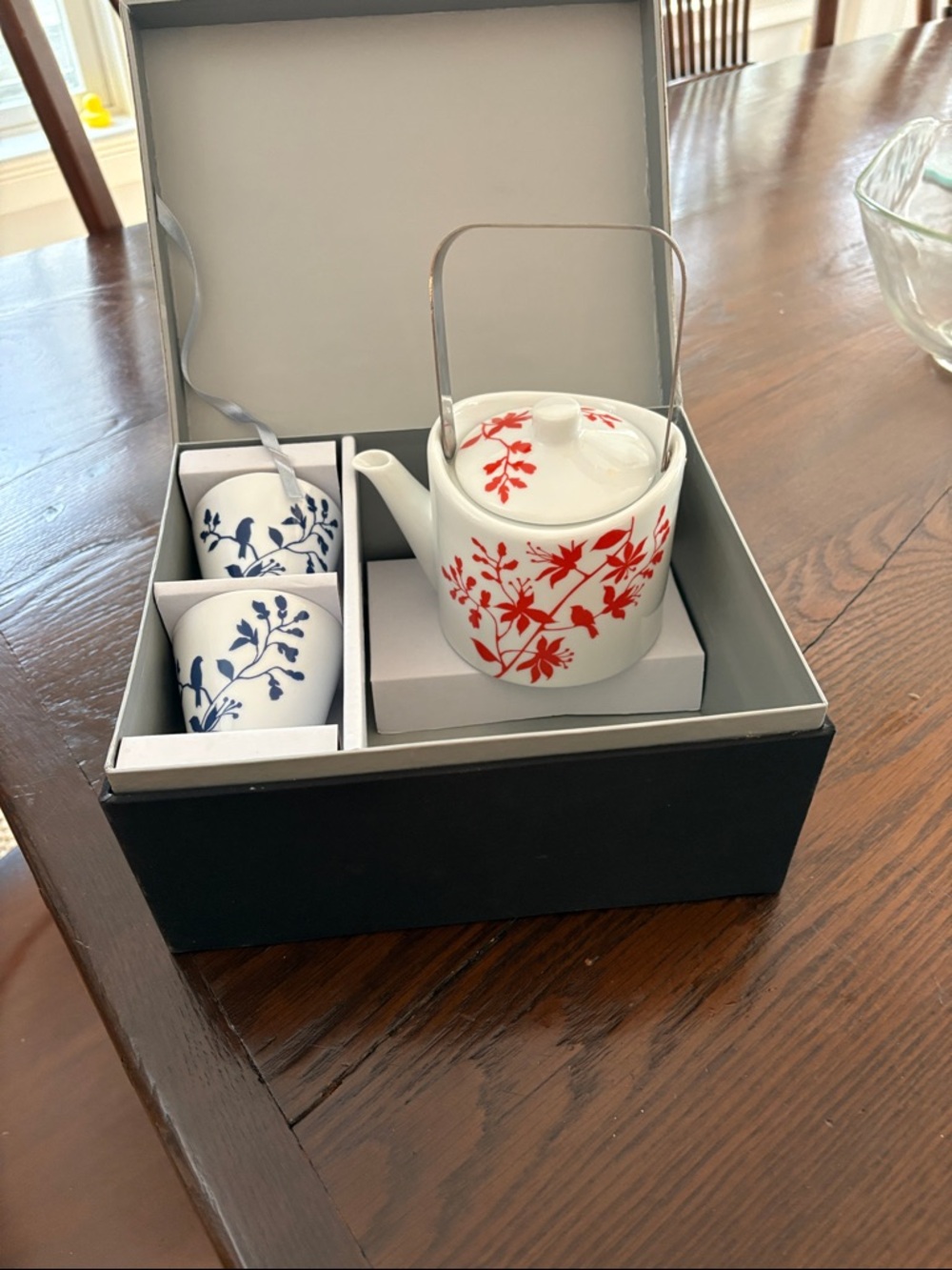 Teavana White Porcelain Teapot Set with Red and Blue Floral Accents